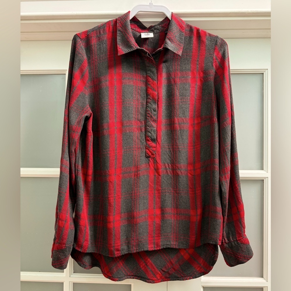 CAbi Red and Black Plaid Tunic Top